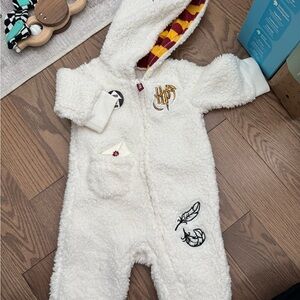 Warner Bros. White Sherpa Hooded Baby One-Piece with Gryffindor Lining